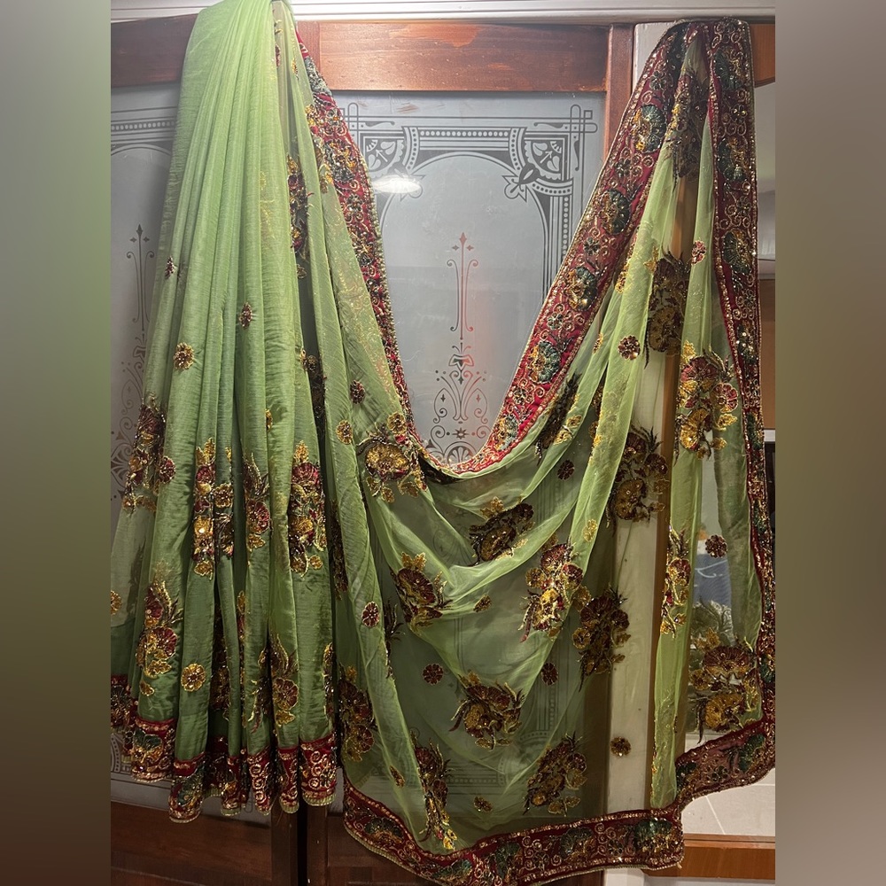 Designer Olive Green Saree with Hand Sewn Beads and Embroidery